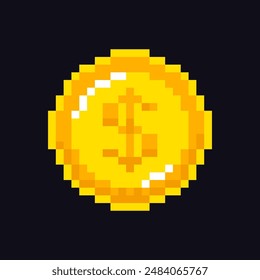 Gold coin 8-bit icon, gold coin pixel item for game interface, coin game element resource.