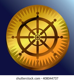 Gold coin - abstract vector golden coin with ship wheel engravings. Shine sea gold, symbol of adventure, treasure hunt. As game token, icon, decor element. Gold lucky money on blue background.