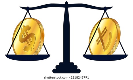 Gold coin of American Dollar USD and Turkish Lira TRY on scales isolated on white background. Laws on digital assets CBDC. Vector design element.