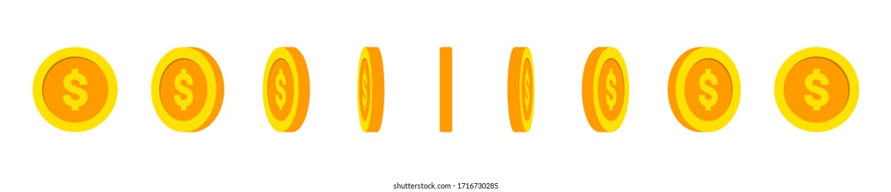 Gold coin animation effect. Rotating gold coin and dollar sign for animation. Golden coins in different shapes and angles. Vector