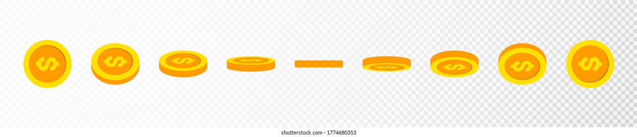 Gold coin animation effect. Rotating gold coin and dollar sign for animation. Golden coins in different shapes and angles. Vector