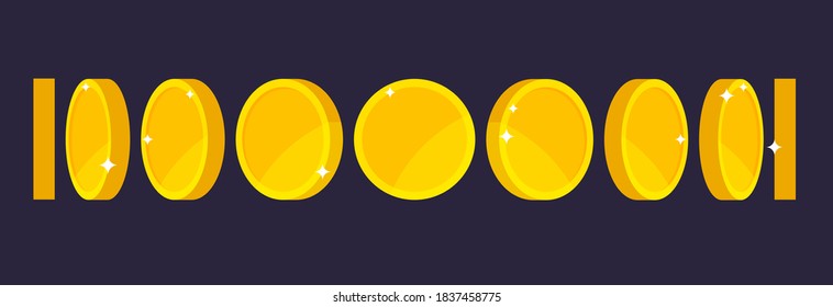 Gold coin animation for game and apps. Vector golden coins in different shapes or position isolated on dark background. Illustration of money turn around.