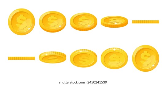 Animación de monedas de oro. El ícono de dinero gira y gira en el eje Horizontal. Dinero dorado. Dólar redondo. Elemento de juegos móviles y App. Proceso de turno y caída de token de moneda. Vector