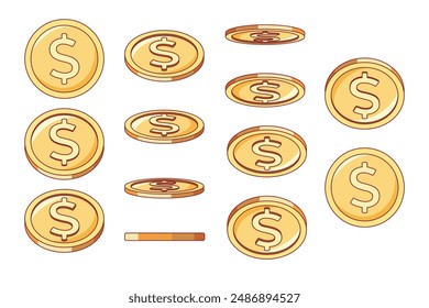 Gold coin animation on horizontal axis. Different positions money icons, golden cent, dollar sign in perspective, various angle view, bingo casino jackpot, vector isolated set