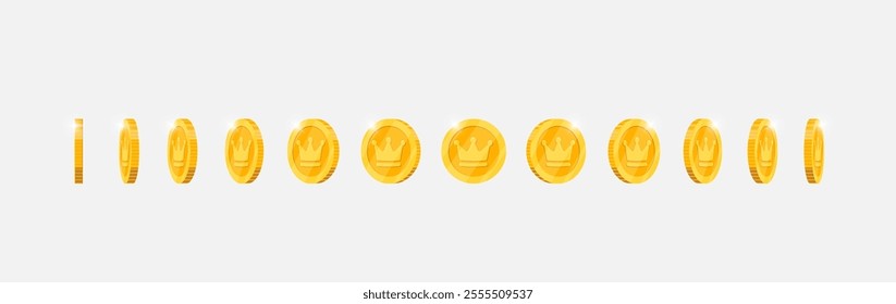 Gold coin animation with spinning royal crown design for apps. Metallic symbol rotates in various directions. Flat 3D element for gaming interfaces. Achievement icon in constant motion