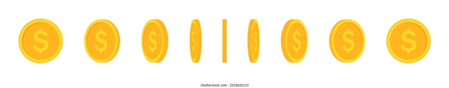 Gold coin animation turn around. Template design for videogames, cartoon, motion design, apps. Dollar coins set in different shapes or position. Cash treasure concept. Vector illustration