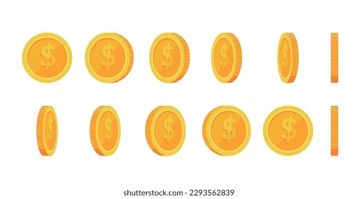 Gold coin animation.rotation icons in different angles. money turn around .games and apps flat vector illustration
