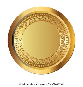 Gold coin with aztec pattern inside.