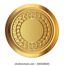 Gold coin with aztec sun pattern.