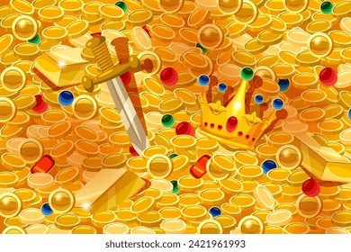 Gold coin background, pile of gold coins, ancient artifacts crown sword, gem stones treasure top view. Vector illustration pattern