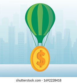 gold coin in a balloon against the background of the city
