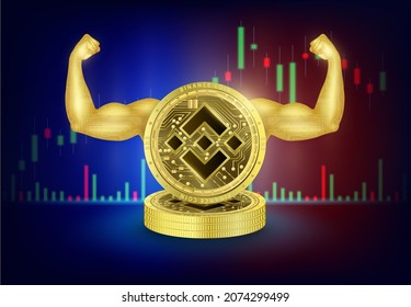 Gold coin Binance crypto currency. Powerful with arms showing strong muscles golden. Technology electronic payment futuristic. Stock market blockchain and Global economy boom. 3D vector.