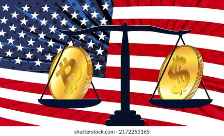 Gold coin of Bitcoin BTC and american dollar USD on scales with colored flag of America on background. Central Bank of America adopts laws on digital assets CBDC. Vector illustration.
