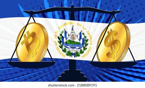 Gold coin of Bitcoin BTC and american dollar USD on scales with El Salvador colored flag on background. Central Bank of El Salvador has passed laws on digital assets CBDC. Vector illustration.