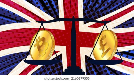 Gold coin of Bitcoin BTC and british pound GBP on scales and colored flag of Great Britain on background. Central Bank of England adopts laws on digital assets CBDC. Vector illustration.