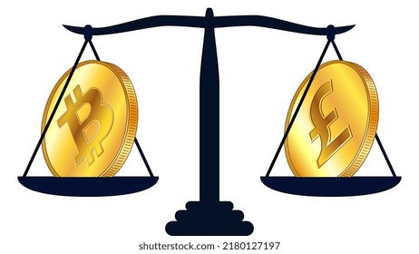 Gold coin of Bitcoin BTC and british pound GBP on scales isolated on white background. Laws on digital assets CBDC. Vector illustration.
