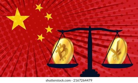Gold coin of Bitcoin BTC and chinese currency Yuan CNY on scales with colored flag of China on background. Central Bank of China adopts laws on digital assets CBDC. Vector illustration.