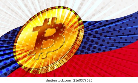 Gold Coin Of Bitcoin BTC And Colored Flag Of Russia On Background. Russian Federation Adopts Laws On Mining And Digital Assets. Vector Illustration.