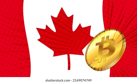 Gold Coin Of Bitcoin BTC And Colored Flag Of Canada On Background. Central Bank Of Canada Adopts Laws On Mining And Digital Assets. Vector Illustration.