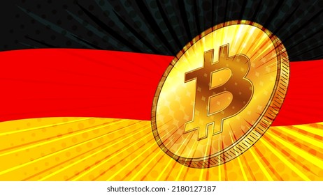 Gold coin of Bitcoin BTC and colored flag of Germany on background. Central Bank of Deutschland adopts laws on mining and digital assets. Vector illustration.