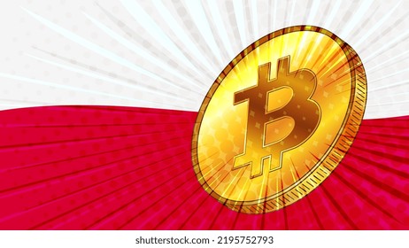 Gold coin of Bitcoin BTC and colored flag of Poland on background. Central Bank of Poland adopts laws on mining and digital assets. Vector illustration.