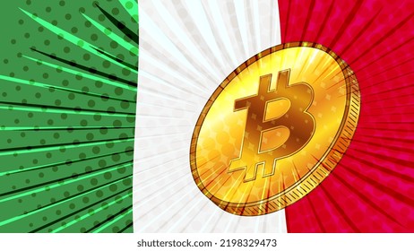 Gold coin of Bitcoin BTC and colored flag of Italy on background. Central Bank of Italy adopts laws on mining and digital assets. Vector illustration.