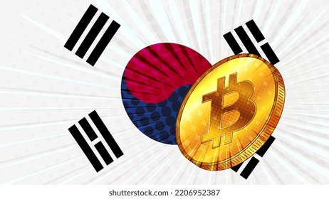 Gold coin of Bitcoin BTC and colored flag of South Korea on background. Central Bank of Republic of Korea adopts laws on mining and digital assets. Vector illustration.