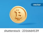 Gold coin bitcoin btc currency money icon sign or symbol business and financial exchange on blue background 3D vector illustration