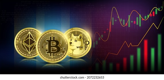 Gold coin Bitcoin, Ethereum and Dogecoin on world map. Cryptocurrency. Blockchain stock market growth . Big data information mining technology. Internet electronic payment futuristic. 3D vector. svg