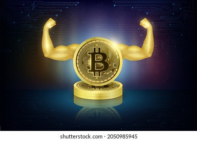 Gold coin Bitcoin, Ethereum ETH on world map. Crypto currency at powerful with arms showing strong muscles golden. Big data information mining technology electronic payment futuristic. 3D vector.