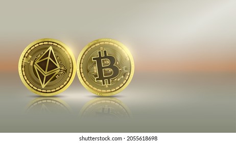 Gold coin Bitcoin and Ethereum ETH on world map. Crypto currency. Sign binary code number. Big data information mining technology. Web internet electronic payment futuristic. 3D vector.