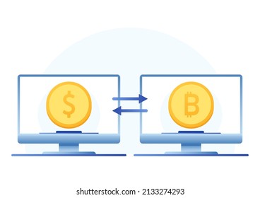 Gold coin and Bitcoin logo design. Coin cartoon vector on blue background. Trade bitcoin. Cryptocurrency exchange illustration.