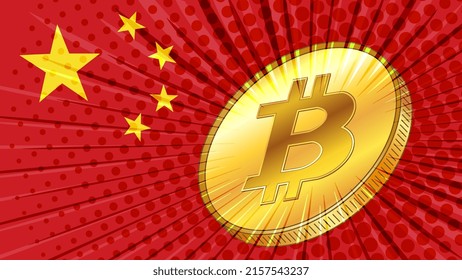 Gold coin of bitcoin on background of Chinese flag with stars in color. China one of leaders in BTC mining with large hashrate. Vector illustration.
