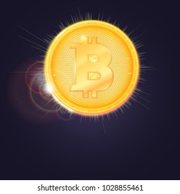 Gold coin of the Bitcoin. The symbol of the digital currency on dark background. Virtual money of the future with light rays, glare and reflections, icon of digital crypto currency.