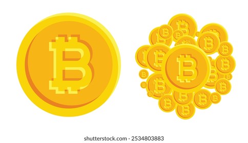 Gold coin with bitcoin symbol, isolated on white background. Shiny Bitcoin BTC. Symbols of cryptocurrency, stock market.