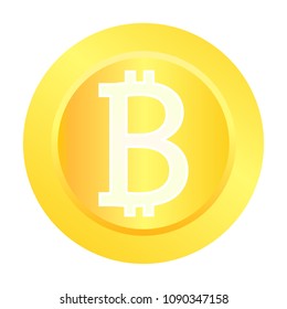 Gold coin bitcoin, with a yellow gradient and white badge, on a white background. Vector illustration