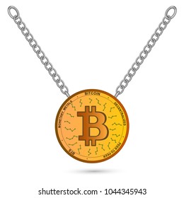 Gold coin bitkoyn. Virtual crypto currency symbol isolated on a white background. Bitcoin is hanging on chains, vector.