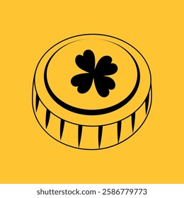 Gold coin. Black and white coin with clover badge on coloured background. Line coin illustration.