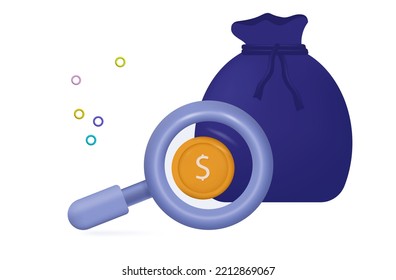 Gold Coin And Blue Bag 3d. View And Search With A Magnifying Glass. Bank Requisite, Capital, Successful Investment Of Funds. Income, Asset Security, Profitable Investment. Vector Illustration.