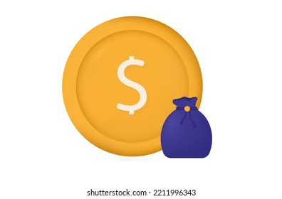 Gold Coin And Blue Bank Bag 3d. Bank Requisite, Concept Of Capital, Successful Investment Of Funds, Financial Stability. Income, Asset Security, Profitable Investment Symbol, Business. Vector.