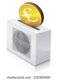 A Gold Coin With The British Currency Symbol Is Inserted Into A Heat Pump Like A Piggy Bank Isolated On A White Background