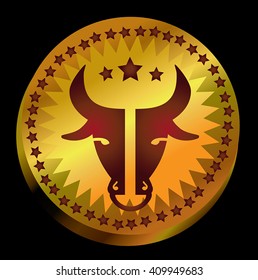 Gold coin Bull Head vector illustration - bull head geometric icon on gold circle with decoration - stars round border and three stars between horns. Gold money with bull head as symbol of best trade.