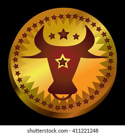 Gold coin Bull Head vector illustration - bull head geometric icon on gold circle with decoration. Bull head - a star on face,star circle wreath around. Golden emblem, button, award icon.