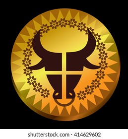 Gold coin Bull Head vector illustration - bull head geometric icon on gold circle with decoration of flower wreath. Cross mark on bull horned head. On black background. Eps 10.