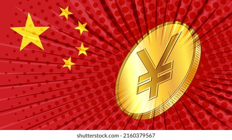 Gold coin with Chinese currency Yuan CNY sign and the red flag of China. China has created a digital Yuan. Vector illustration.