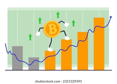 Gold coin climbing charts vector illustration. Cryptocurrencies value rising, businessmen investing in cyber currency to get profit. Cryptocurrency price increase, stock market concept