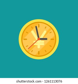 Gold coin clock with yen sign. Flat icon isolated on powder blue. Time is money pictogram. minutes