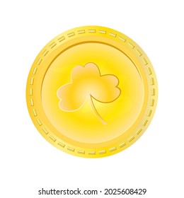 Gold coin with clover isolated on white background. Saint Patrick's Day money. Leprechaun luck cash with shamrock leaf symbol. Irish holiday coin icon. Ireland celtic cent sign. Vector illustration