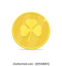 Gold coin with a clover leaf. Luck, wealth concept. Vector illustration.