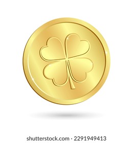 Gold coin with clover leaf, shamrock. St. Patrick's Day. Traditional Irish symbol, mascot, icon, vector	
